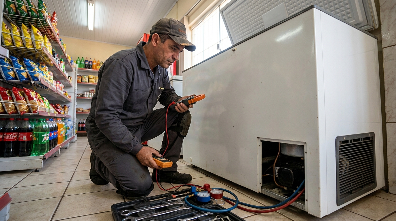 Reparo da placa eletrônica de um freezer em atendimento em Taubaté‑SP
