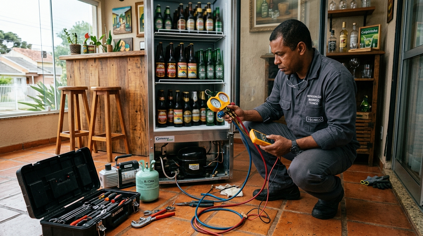 Técnico revisando o motor de uma cervejeira durante chamado em Taubaté‑SP