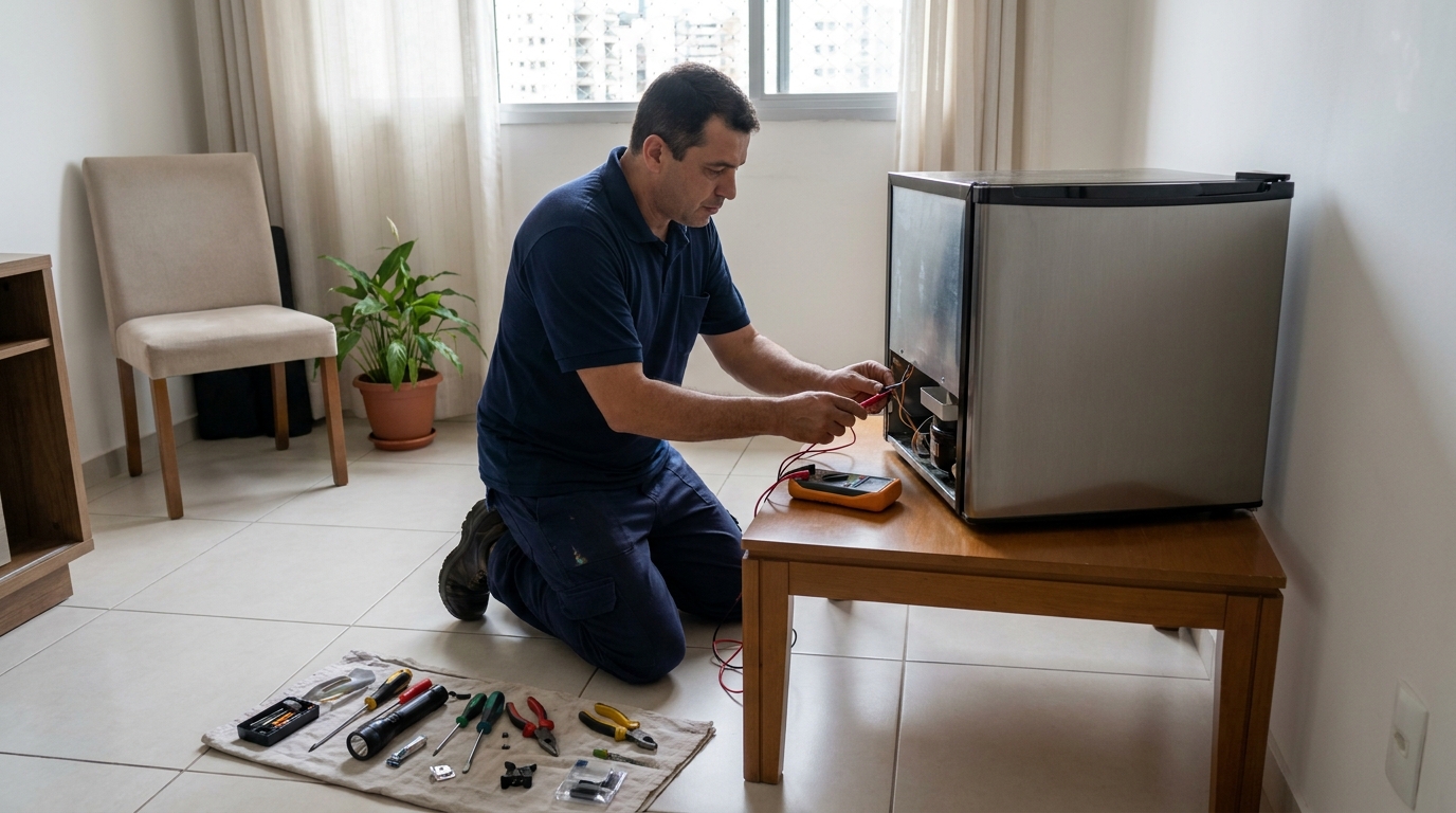Técnico revisando o motor de um frigobar em Taubaté‑SP