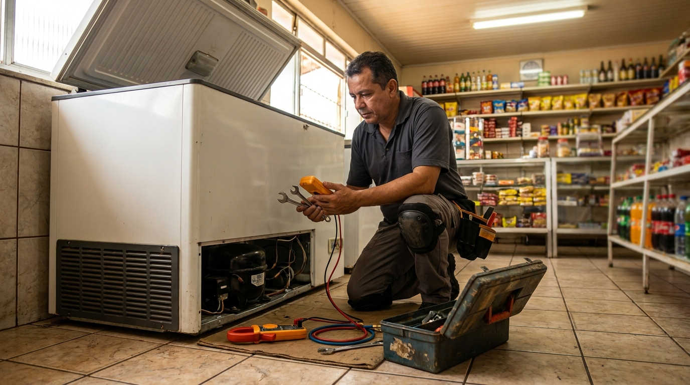 Técnico avaliando um freezer vertical durante atendimento em Taubaté‑SP